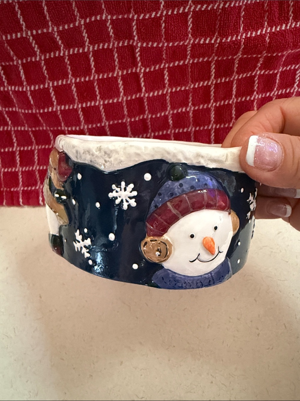 Snowman Ceramic Bowl/candle holder- Navy & White - Picture 2 of 5